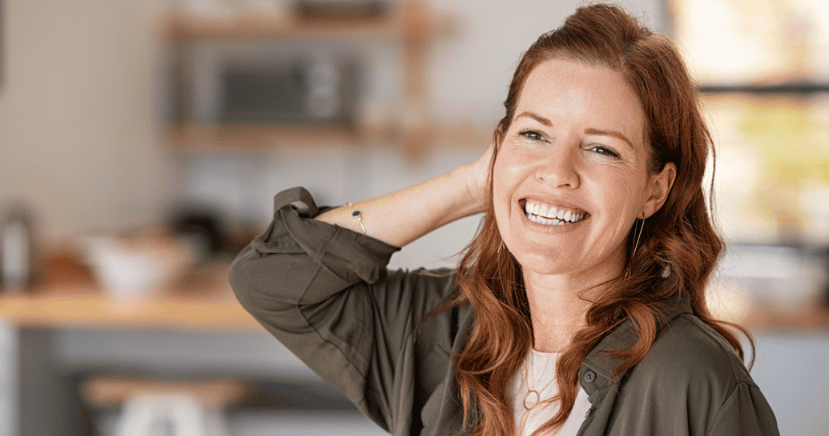 Middle aged woman wearing lace tape in hair system